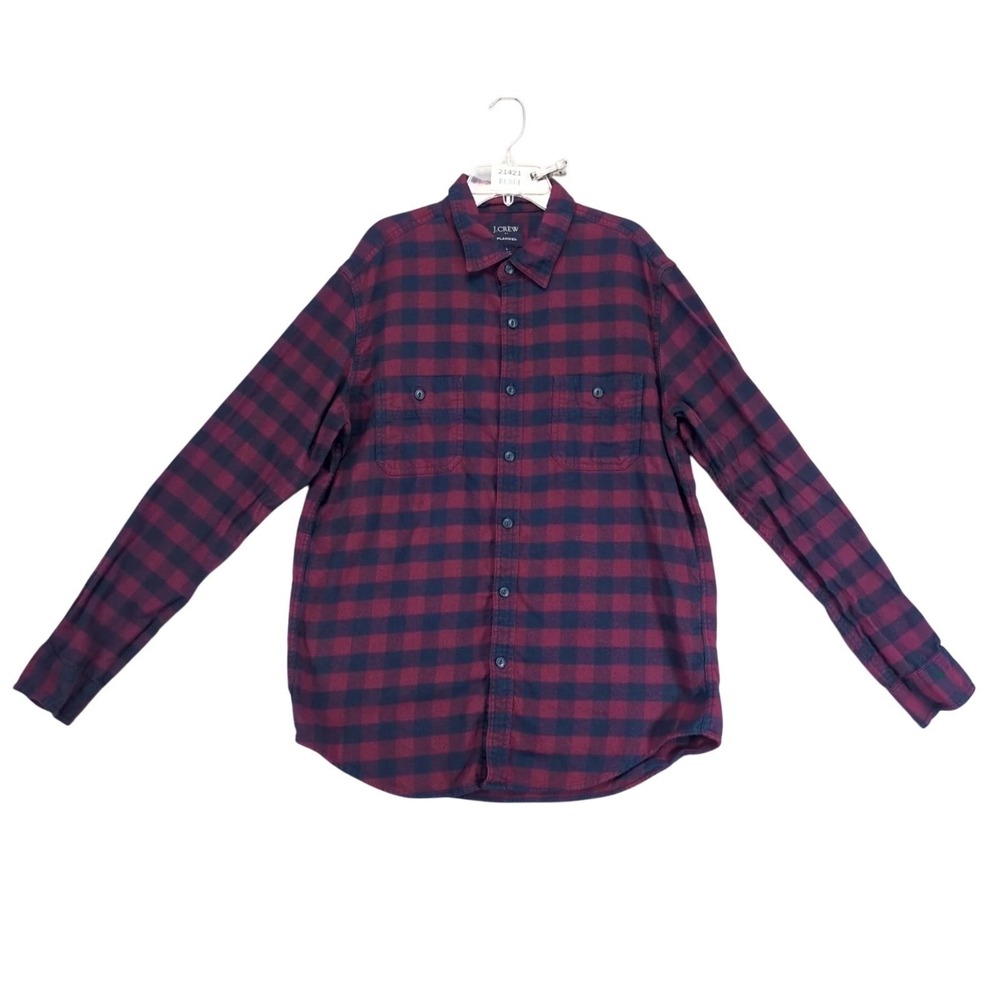 J Crew Purple Navy Flannel‎ Shirt Mens L Buffalo Plaid Cotton Long Sleeve Grunge